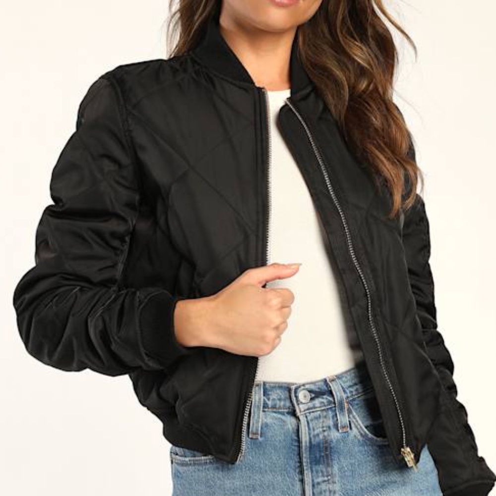 Lulus Style Expedition Black Quilted Bomber Jacket - Size L
